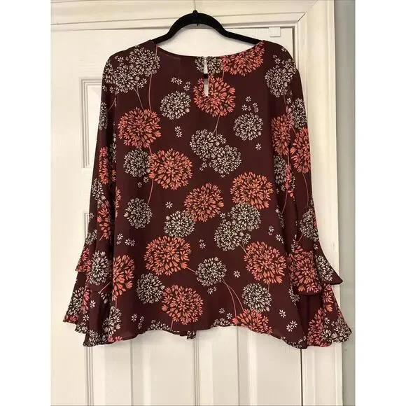 A.N.A. Burgundy Sheer Ruffled Top Blouse Long Bell Sleeves Sz XL. Work. Office - Picture 9 of 9